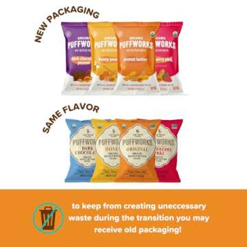 Puffworks Four Flavor Variety Pack Organic Peanut Butter Puffs (Original, PBJ, Dark Chocolate, Honey), Plant-Based Protein Snack, Gluten-Free, Kosher 1.2oz Ounce (Pack of 12)