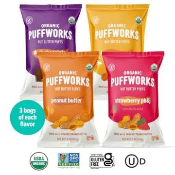 Puffworks Four Flavor Variety Pack Organic Peanut Butter Puffs (Original, PBJ, Dark Chocolate, Honey), Plant-Based Protein Snack, Gluten-Free, Kosher 1.2oz Ounce (Pack of 12)
