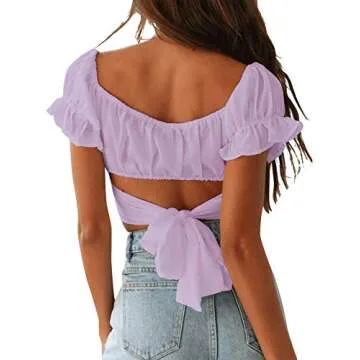 LYANER Women's Ruffle Short Sleeve Tie Up Back Crop Top Off Shoulder Bardot Blouse Lavender Large