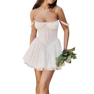 Vohawsa Women's 2023 Summer Sleeveless Tank Dress Y2K Spaghetti Strap Square Neck Ruffle A Line Swing Mini Babydoll Dress (White, S)