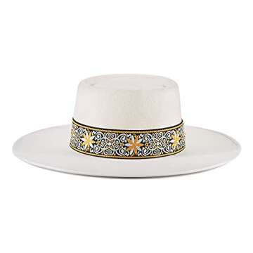 FEMSÉE Pork Pie Hats - Firm Wool Felt Hat for Women Fedora Embroidery Pattern Ribbon Wide Brim Hats Embroidery Ribbon_White