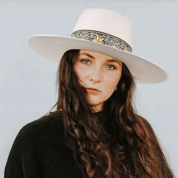 FEMSÉE Pork Pie Hats - Firm Wool Felt Hat for Women Fedora Embroidery Pattern Ribbon Wide Brim Hats Embroidery Ribbon_White