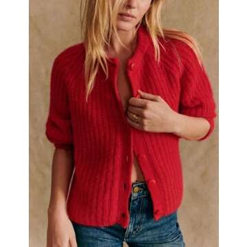 Bianstore Women's Casual Long Sleeve Crewneck Button Down Cardigan Sweater Knit Outwear(Red-M)
