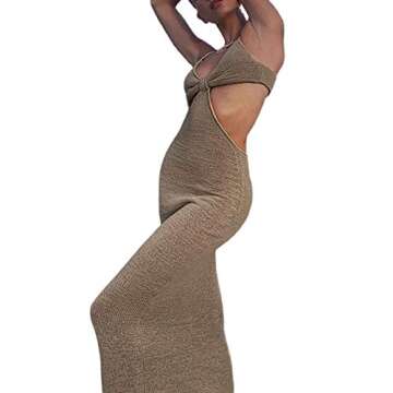 Meihuida Women Cut Out Dress Y2k Summer Sexy Halter Neck Sleeveless Backless Knitted Bodycon Cutout Dress Khaki S
