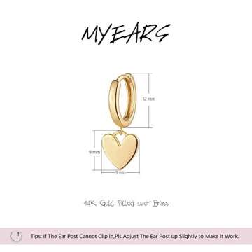 MYEARS Women Heart Earrings Gold Huggie Hoop Dangle Drop 14K Gold Plated Small Simple Hypoallergenic Everyday Jewelry