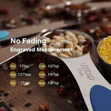 ChefAide Stainless Steel Magnetic Measuring Spoons Set, Upgraded Extended Handle, Dual Sided, Stacka...