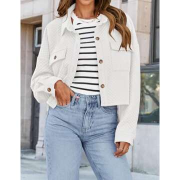 ZESICA Women's Fall Casual Shacket Jackets Long Sleeve Button Down Lightweight Cropped Shirt Outerwear Coat with Pockets,White,Small