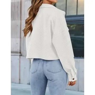 ZESICA Women's Fall Casual Shacket Jackets Long Sleeve Button Down Lightweight Cropped Shirt Outerwear Coat with Pockets,White,Small