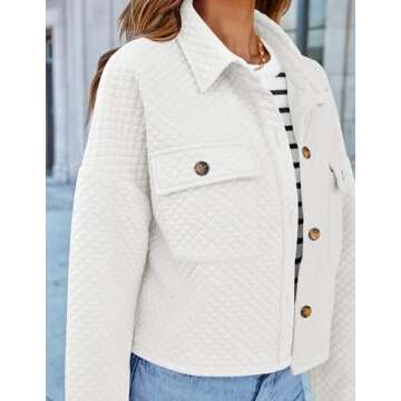 ZESICA Women's Fall Casual Shacket Jackets Long Sleeve Button Down Lightweight Cropped Shirt Outerwear Coat with Pockets,White,Small