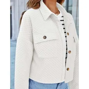 ZESICA Women's Fall Casual Shacket Jackets Long Sleeve Button Down Lightweight Cropped Shirt Outerwear Coat with Pockets,White,Small