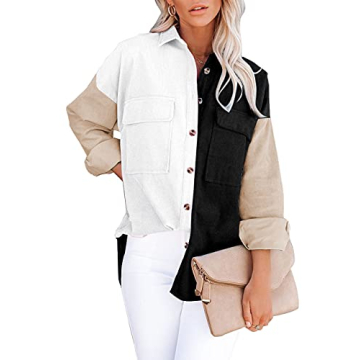 Dokotoo Women's Color Block V Neck Roll Up Long Sleeve Pocket Corduroy Shirts Shacket Casual Boyfrie...