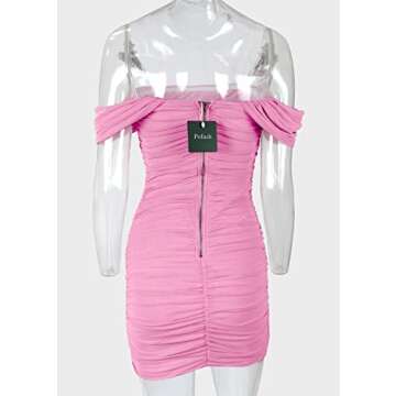 Pofash Women's Sexy Off Shoulder Backless Ruched Party Cocktail Evening Mini Dresses Pink Small