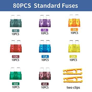 ZIPCCI 80 Pcs Standard Car Fuse, Fuses Assortment kit(1A/3A/5A/10A/15A/20A/30A/40AMP) Automotive Bla...