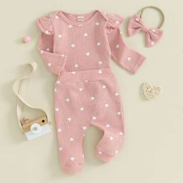Baby Girl Clothes Spring Fall Waffle Knit Outfit Long Sleeve Heart Print Romper and Pants Headband 3...