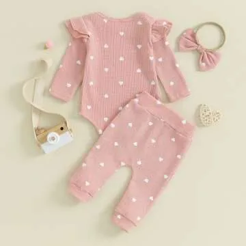Baby Girl Clothes Spring Fall Waffle Knit Outfit Long Sleeve Heart Print Romper and Pants Headband 3Pcs Set (Pink Heart, 0-3 Months)