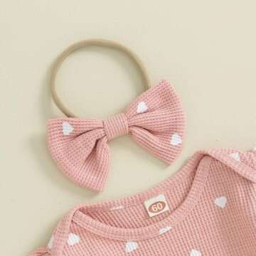 Baby Girl Clothes Spring Fall Waffle Knit Outfit Long Sleeve Heart Print Romper and Pants Headband 3Pcs Set (Pink Heart, 0-3 Months)