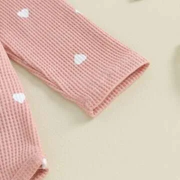 Baby Girl Clothes Spring Fall Waffle Knit Outfit Long Sleeve Heart Print Romper and Pants Headband 3Pcs Set (Pink Heart, 0-3 Months)