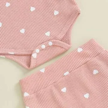 Baby Girl Clothes Spring Fall Waffle Knit Outfit Long Sleeve Heart Print Romper and Pants Headband 3Pcs Set (Pink Heart, 0-3 Months)