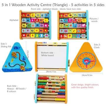 TOWO Activity Centre Triangle Toys - Flip Flop Alphabet Blocks Abacus Clock - Activity Cube for Toddlers 5 in 1 - Montessori Learning Wooden Toys for 1 Year Old