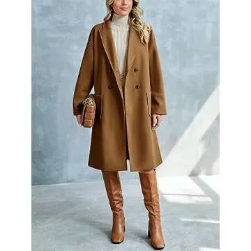 FSHAOES Womens Lapel Peacoat Winter Double-Breasted Outerwear Mid Long Jacket Casual Trench Coat