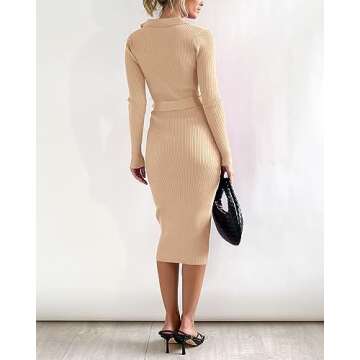 BTFBM 2024 Women V Neck Long Sleeve Bodycon Sweater Dress Button Up Tie Waist Ribbed Knit Midi Pencil Dresses with Belt(Solid Beige, Medium)