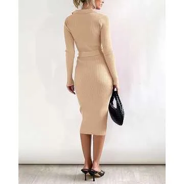 BTFBM 2024 Women V Neck Long Sleeve Bodycon Sweater Dress Button Up Tie Waist Ribbed Knit Midi Pencil Dresses with Belt(Solid Beige, Medium)