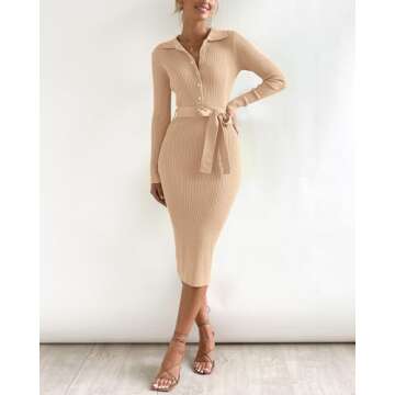 BTFBM 2024 Women V Neck Long Sleeve Bodycon Sweater Dress Button Up Tie Waist Ribbed Knit Midi Pencil Dresses with Belt(Solid Beige, Medium)
