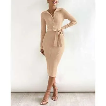BTFBM 2024 Women V Neck Long Sleeve Bodycon Sweater Dress Button Up Tie Waist Ribbed Knit Midi Pencil Dresses with Belt(Solid Beige, Medium)