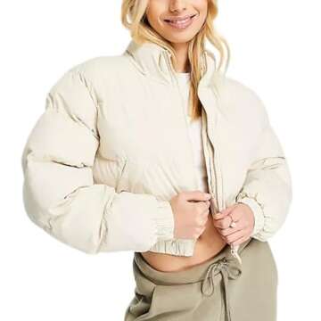 Yeokou Women's Cropped Puffer Jacket Black Stand Collar Zip Up Short Bubble Coat with Pockets(Apricot-S)