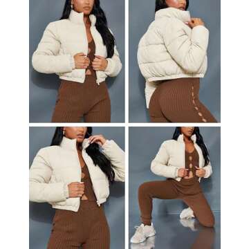 Yeokou Women's Cropped Puffer Jacket Black Stand Collar Zip Up Short Bubble Coat with Pockets(Apricot-S)