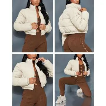 Yeokou Women's Cropped Puffer Jacket Black Stand Collar Zip Up Short Bubble Coat with Pockets(Apricot-S)