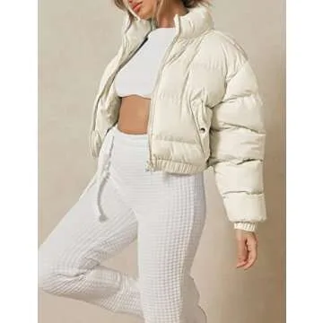 Yeokou Women's Cropped Puffer Jacket Black Stand Collar Zip Up Short Bubble Coat with Pockets(Apricot-S)