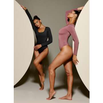 Ewedoos Long Sleeve Bodysuits for Women Scoop Neck Body Suits for Womens Tummy Control Soft Double Lined Bodysuit Tops
