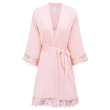 Elegant Kihnop Pink Bridesmaid Robes with Lace Trim - Silk Satin Wedding Robes for Bridal Party