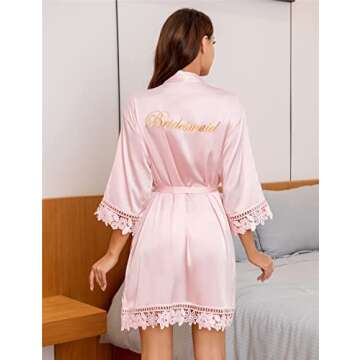 Kihnop Pink Bridesmaid Robes with Lace Trim for Weddings