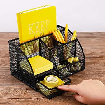 DUOFIRE Desk Organizer Pen Holder Mesh Desk Supplies Multifunctional Pen Organizer for Desk Office Supplies with 6 Compartments and 1 Drawer for Office Home School Workshop (Black)