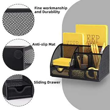 DUOFIRE Desk Organizer Pen Holder Mesh Desk Supplies Multifunctional Pen Organizer for Desk Office Supplies with 6 Compartments and 1 Drawer for Office Home School Workshop (Black)