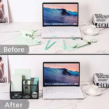 DUOFIRE Desk Organizer Pen Holder Mesh Desk Supplies Multifunctional Pen Organizer for Desk Office Supplies with 6 Compartments and 1 Drawer for Office Home School Workshop (Black)