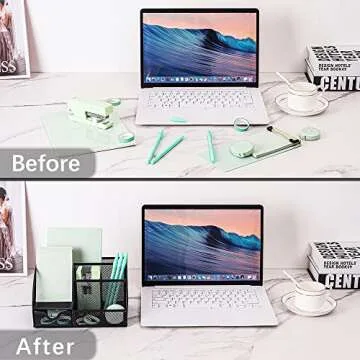 DUOFIRE Desk Organizer Pen Holder Mesh Desk Supplies Multifunctional Pen Organizer for Desk Office Supplies with 6 Compartments and 1 Drawer for Office Home School Workshop (Black)