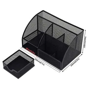 DUOFIRE Desk Organizer Pen Holder Mesh Desk Supplies Multifunctional Pen Organizer for Desk Office Supplies with 6 Compartments and 1 Drawer for Office Home School Workshop (Black)