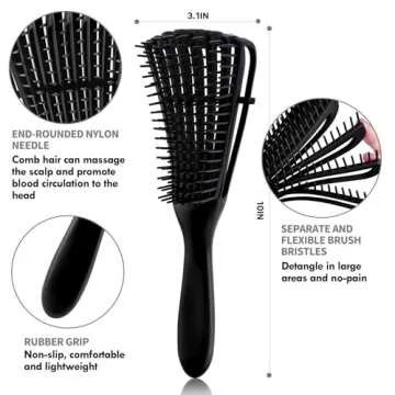 4pcs Curly Hair Brush Set for Adult & Kids Wet or Dry, Detangling Brush for 3/4ABC Hair with Detangler Spray Bottle & Wide Tooth Comb (3+1, Black)