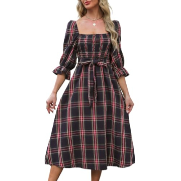 CUPSHE Women's Maxi Dress Square Neck Plaid Smocked Belted Ruffled 3/4 Trumpet Sleeve A Line Long Na...