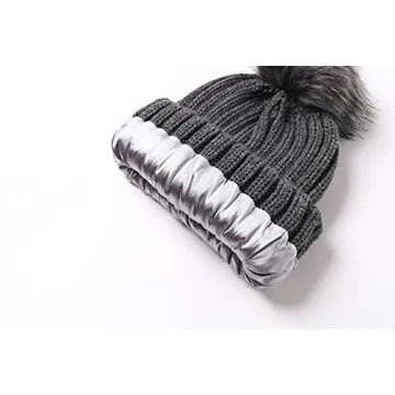 Roniky Womens Winter Beanie Hat, Silk Satin Lined Faux Fur Pom Pom Beanies Hat for Women Girls Warm Winter Knit Hats Deep Grey
