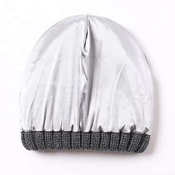 Roniky Womens Winter Beanie Hat, Silk Satin Lined Faux Fur Pom Pom Beanies Hat for Women Girls Warm Winter Knit Hats Deep Grey