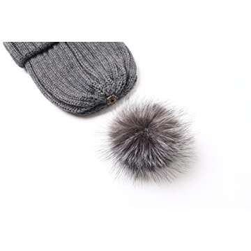 Roniky Womens Winter Beanie Hat, Silk Satin Lined Faux Fur Pom Pom Beanies Hat for Women Girls Warm Winter Knit Hats Deep Grey