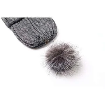 Roniky Womens Winter Beanie Hat, Silk Satin Lined Faux Fur Pom Pom Beanies Hat for Women Girls Warm Winter Knit Hats Deep Grey