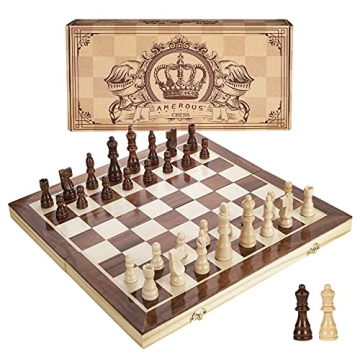 AMEROUS 15 Inches Magnetic Wooden Chess Set - 2 Extra Queens - Folding Board - Pieces Storage Slots,...
