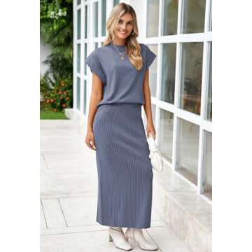 Pink Queen 2024 Trendy 2 Piece Sweater Outfits for Wome Date Night Fall Round Neck Cap Sleeve Tee Top and Bodycon Midi Skirts Set Loungewear Haze Blue S