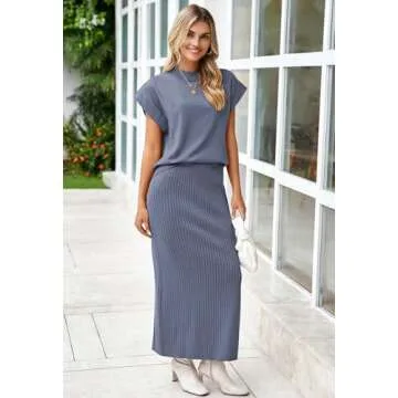 Pink Queen 2024 Trendy 2 Piece Sweater Outfits for Wome Date Night Fall Round Neck Cap Sleeve Tee Top and Bodycon Midi Skirts Set Loungewear Haze Blue S