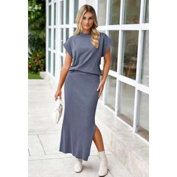 Pink Queen 2024 Trendy 2 Piece Sweater Outfits for Wome Date Night Fall Round Neck Cap Sleeve Tee Top and Bodycon Midi Skirts Set Loungewear Haze Blue S